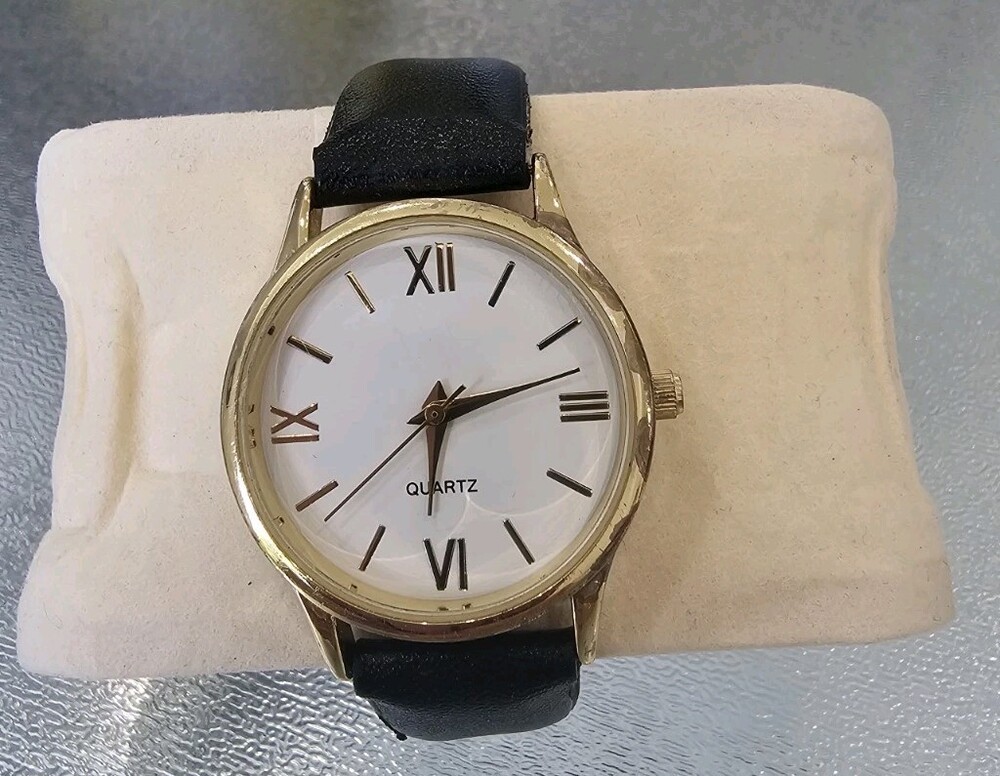 BWC Women's Quartz Wristwatch Gold Tone White Dial Black Faux Leather Strap Roma
